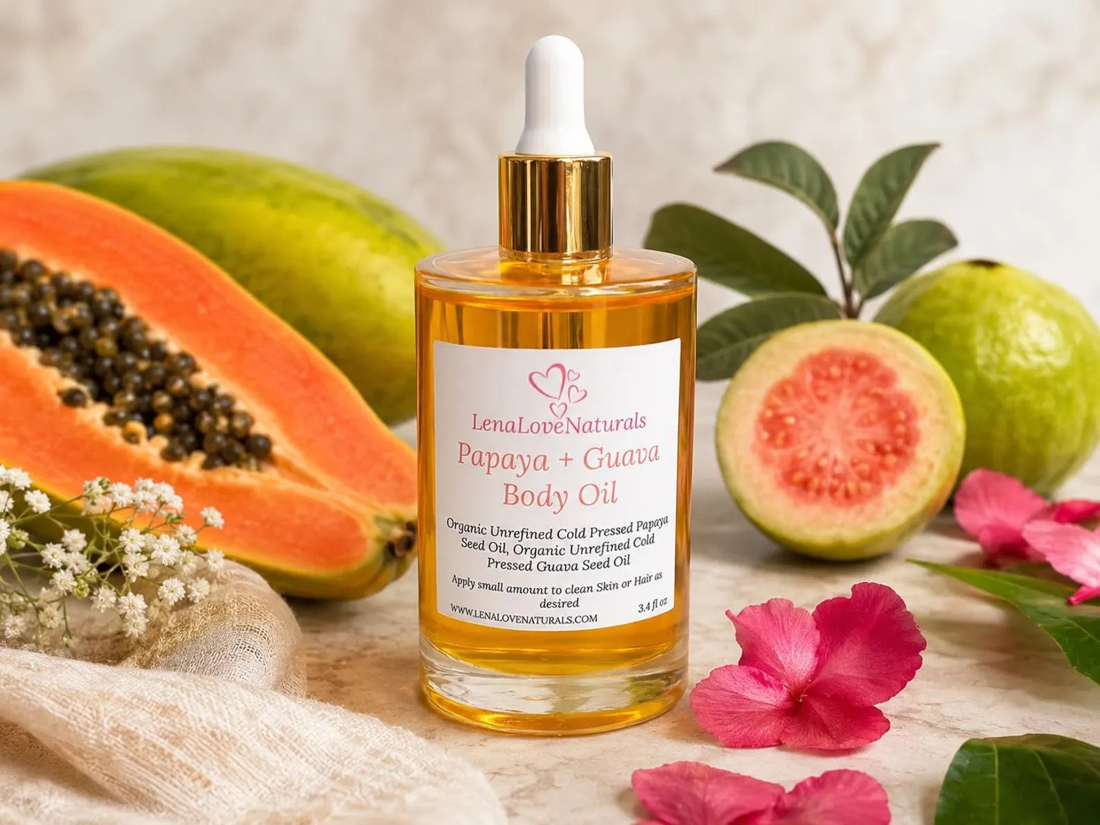 Papaya Guava Body Oil Organic Cold Pressed | Natural Glow Oil Lightweight Moisturizing | Tropical Fruit Hair & Skin Oil