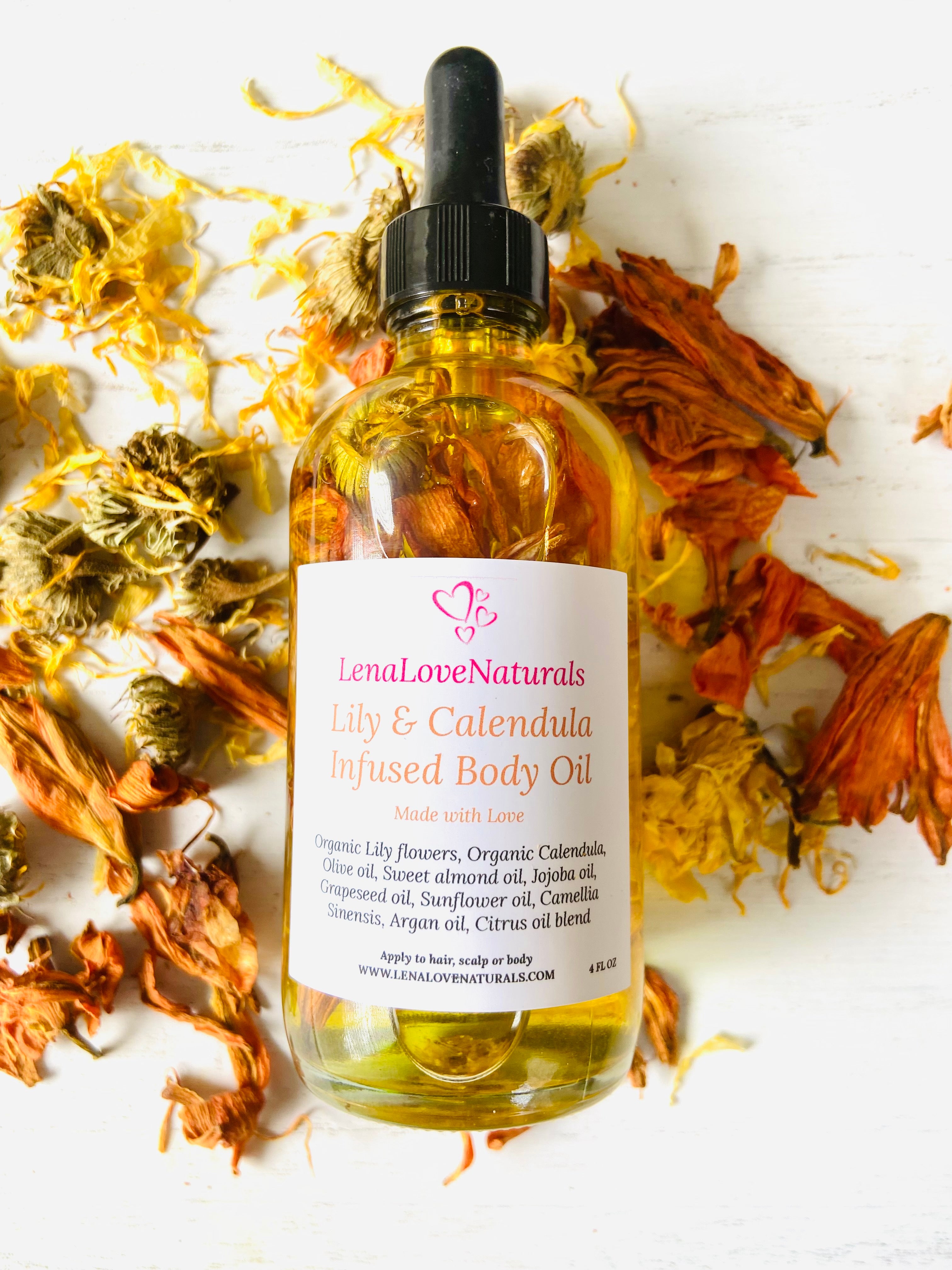 Lily & Calendula Oil, Organic Infused oil, Body Oil, Moisturizer, Yoni Flower oil, Calendula oil, Beauty oil, Jojoba oil, hair and body oil - LenaLoveNaturals